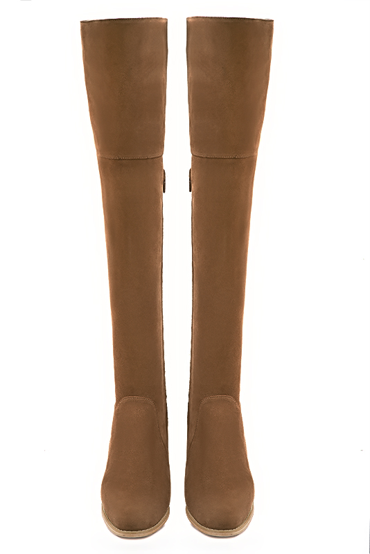 Caramel brown women's leather thigh-high boots. Round toe. Low leather soles. Made to measure. Top view - Florence KOOIJMAN